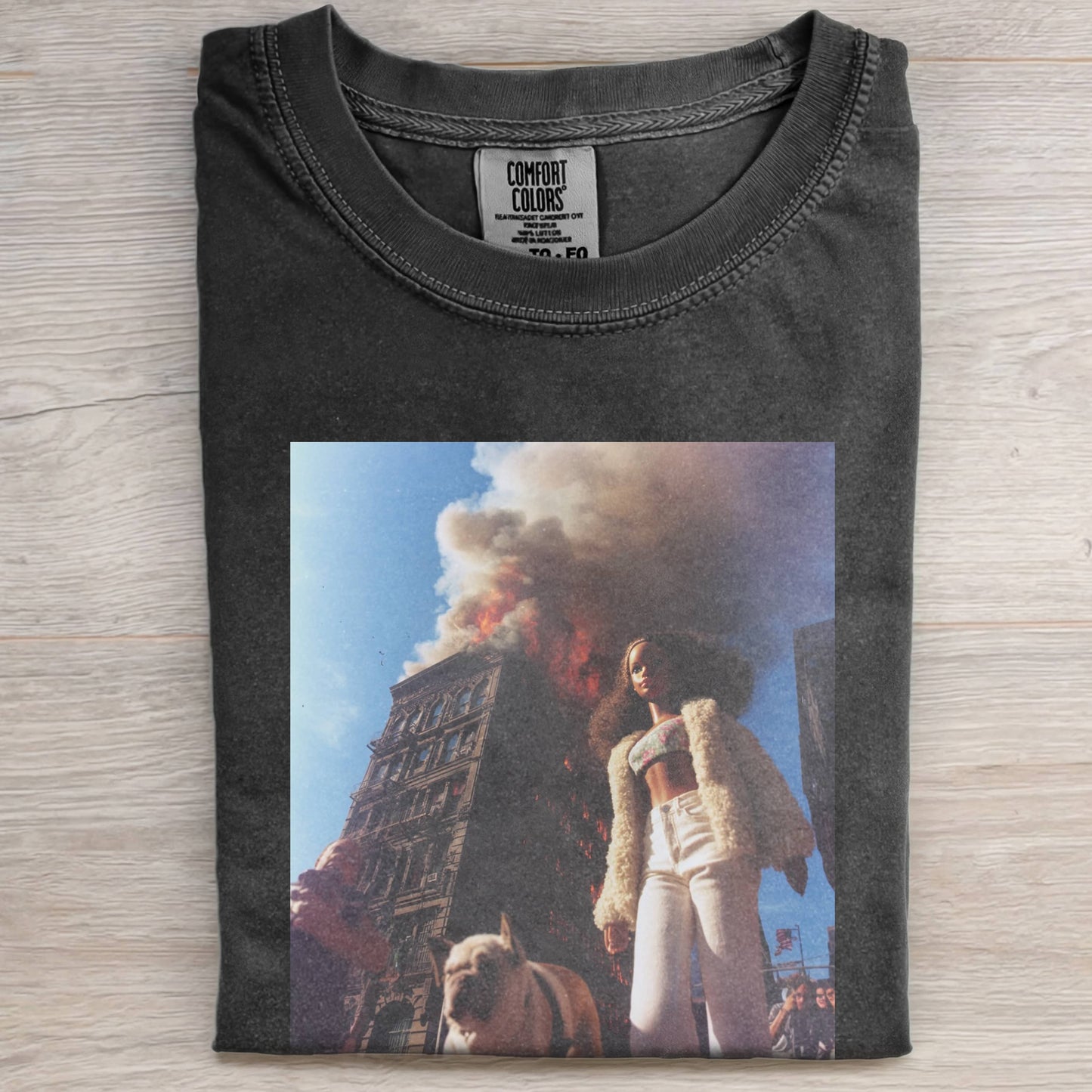 BARBIECORE BLACK LEATHER AND FUR DISASTER SCENE TEE