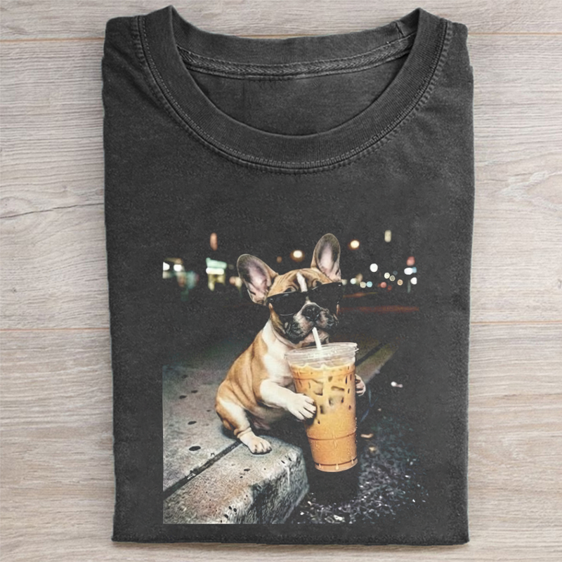 Funny French Bulldog Drinking Iced Coffee T-shirt