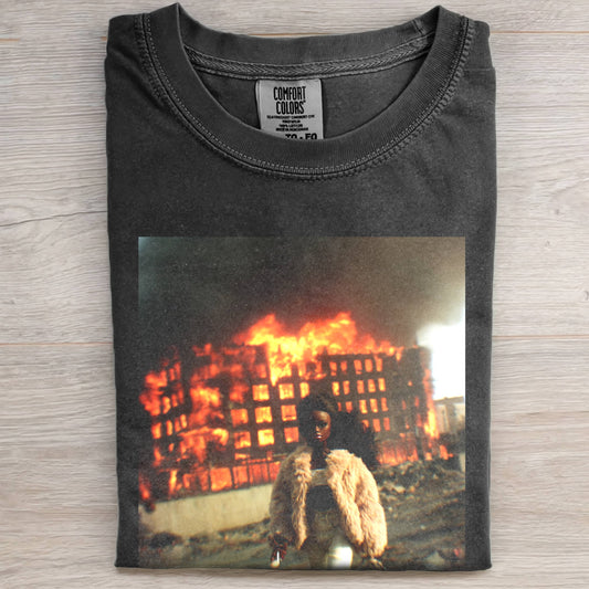 BARBIECORE BLACK LEATHER FUR FLAME TEE