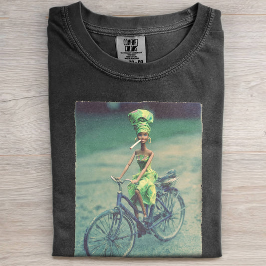 BARBIECORE BLACK LEATHER BICYCLE RETRO T-SHIRT