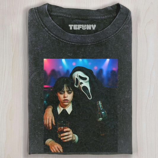 WEDNESDAY AND SCREAM CHARACTERS RETRO - STYLE T-SHIRT