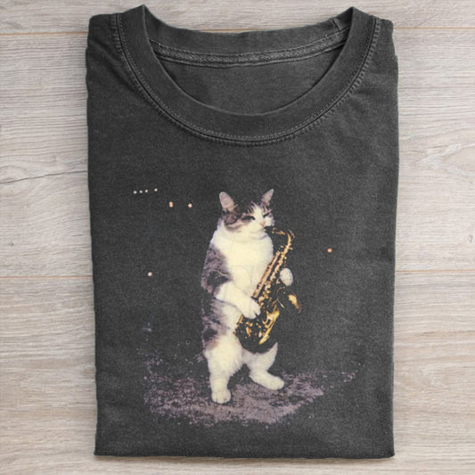 Saxophone Cat Vintage Graphic T-shirt