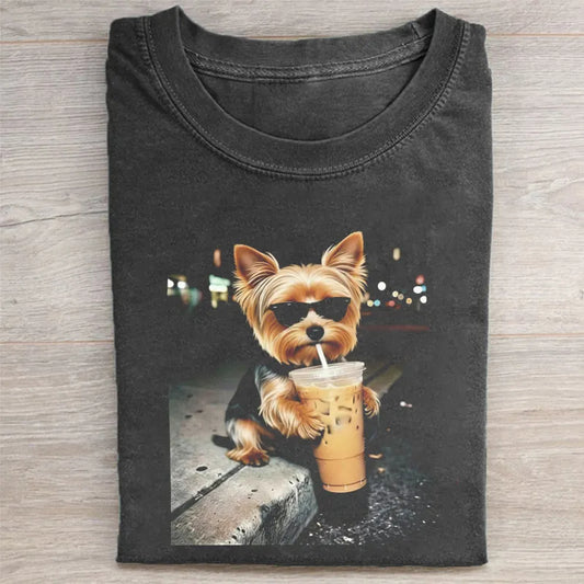 Funny Yorkie Drinking Iced Coffee T-shirt
